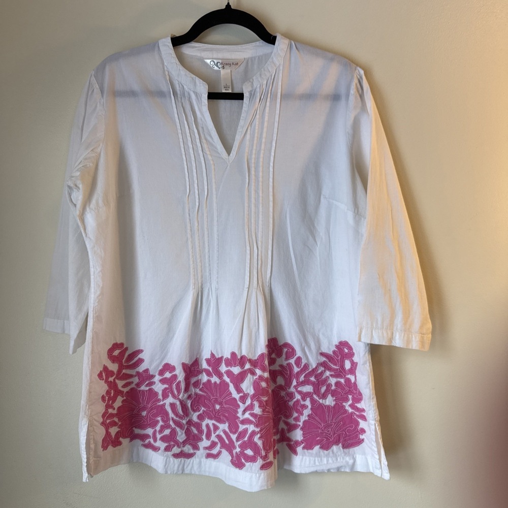 Krazy Kat Womens Popover Top Size L Lightweight Floral Embroidered White Beachy